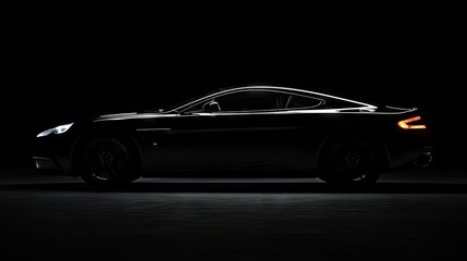 Front view silhouette of a black sports car with one LED headlight on a black background, highlighting automotive elegance and modern design