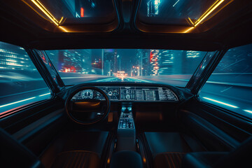 Autonomous self-driving futuristic car without driver. First-person view