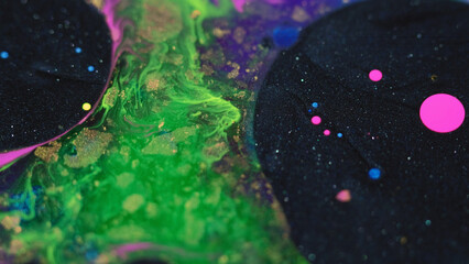 Abstract background. Paint mix bubbles. Stain art. Colorful blue pink glitter black oil ink round...