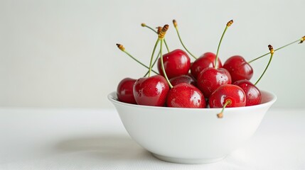 Cherries in a white bowl, a vibrant display of healthy eating and nutritious food concept against a clean white background