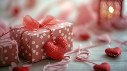  a close up of a gift box with a heart on it and a candle in the background with hearts on the floor and a string of hearts on the floor.