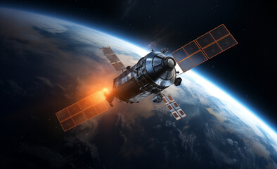 Fototapeta premium Space satellite orbiting the earth on a background star earth. 