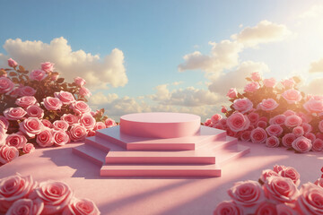 pink product stand podium display with roses and sky background - valentines day pedestal