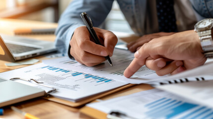 Fototapeta premium A team of professionals is engaged in a business meeting, with hands pointing and writing on documents, emphasizing collaboration and strategic planning.