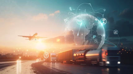 Foto op Plexiglas dynamic transportation and logistics concept, showcasing various modes of freight transport such as trucking and aviation, integrated with digital connectivity and global networking. © MP Studio