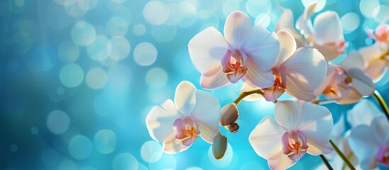Fototapeta na wymiar Stunningly Beautiful Orchid Flowers Against a Gorgeous Blue Background - Beautiful Orchid Flowers, Blue Background