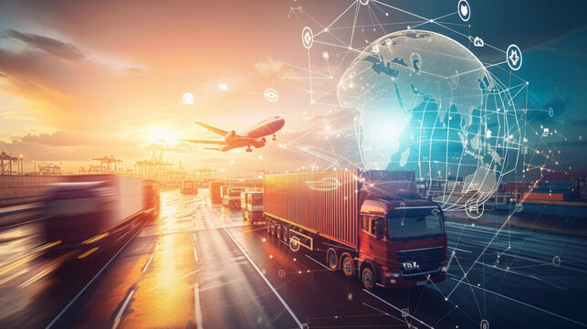 dynamic transportation and logistics concept, showcasing various modes of freight transport such as trucking and aviation, integrated with digital connectivity and global networking.