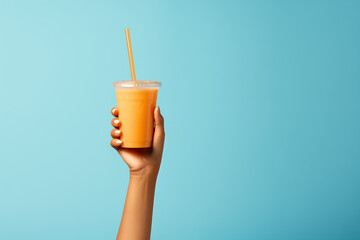 Woman hand holding cup of coffee. Blue background  - obrazy, fototapety, plakaty