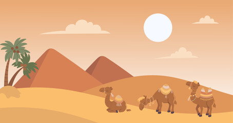 Camel in desert. Camels caravan in sands landscape. Arabian animals on dunes on sunset. Funny animal with decorative carpets, nowaday vector background