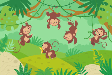 Monkeys in tropical forest. Cartoon monkey hang on vine, jungle wild funny characters. Rainforest animals, childish nowaday vector illustration © MicroOne