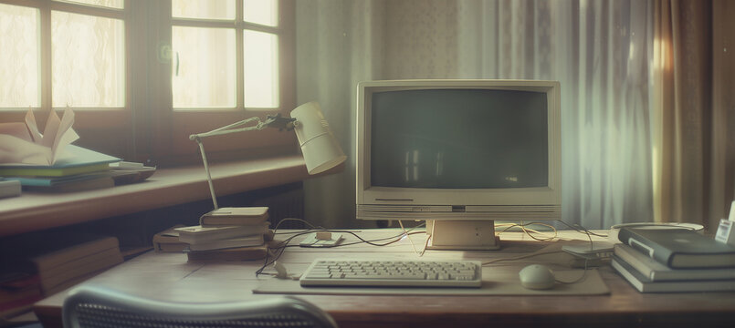 Vintage retro abandoned coworking office in dusty dirty room with vintage PC personal computer, keyboard. Media services, new digital world, end of analog devices, streaming services concept image.