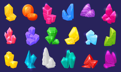 Cartoon crystals and gems. Natural jewelry stones, minerals and gem. Colorful shiny icons for gaming, mining, pirate treasure. Neoteric gemstones vector set