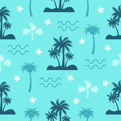 Fototapeta na wymiar Cartoon palm tree seamless pattern. Summertime abstract fabric print, beach rest. Sea waves and palms, decorative neoteric vector background