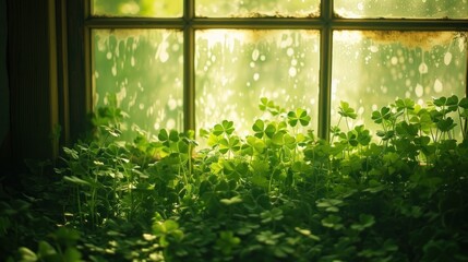  a close up of a window with a plant in the window sill and raindrops on the window sill and a green plant in front of the window.