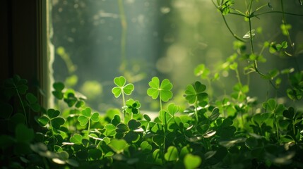  a close up of a group of clovers in a window sill with sunlight streaming through the window behind them and a green plant in the foreground with leaves in the foreground.