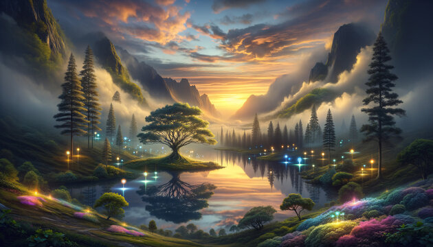 Tranquil fog computing landscape with reflective lake and hidden devices.