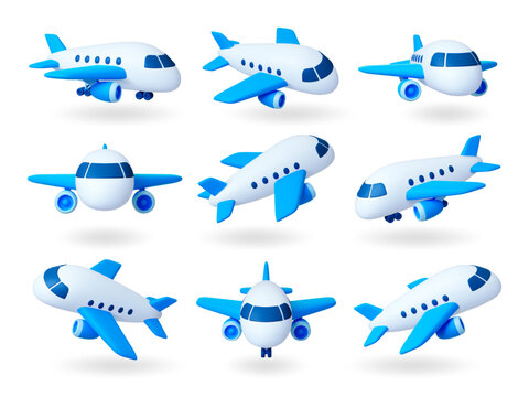 Isolated 3d render planes. Cartoon aircrafts, air travel and transportation. Realistic plane different rotates, airplane pithy vector icons