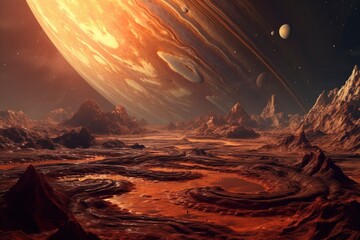 Majestic Alien Terrain with Reddish Hue and Giant Planet Rising.