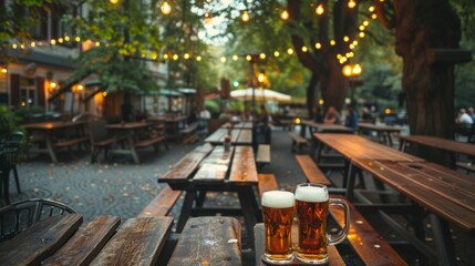 A lively beer garden, with long wooden tables and steins of beer clinking together in celebration - obrazy, fototapety, plakaty