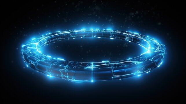 Ring light with blue color and dark background. Generate AI image
