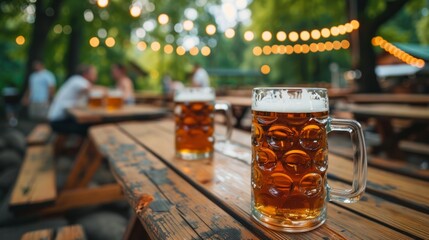 A lively beer garden, with long wooden tables and steins of beer clinking together in celebration - obrazy, fototapety, plakaty