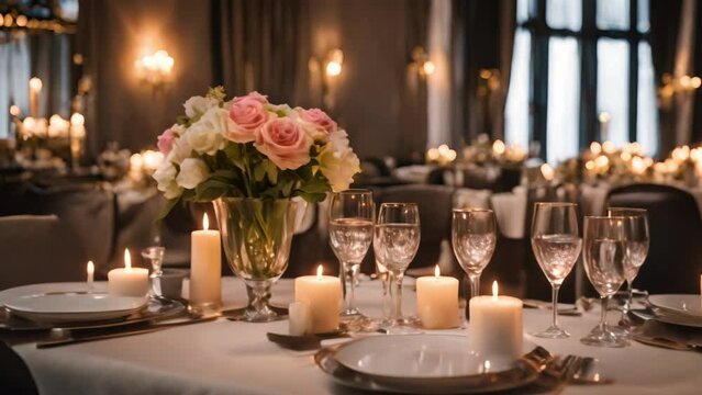 Table Set for Formal Dinner With Candles and Flowers