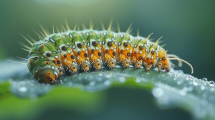A macro shot of a caterpillar munching on a leaf, highlighting its textured skin and voracious appetite