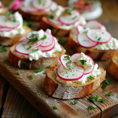 Homemade bruschetta with cream cheese and radish on a wooden board: