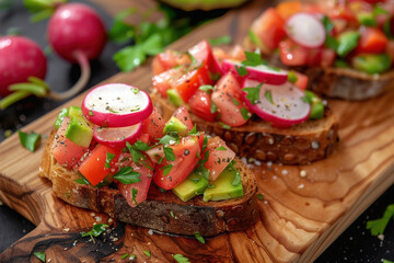 bruschetta with brown bread, avocado, radish, and tomato on a wooden board