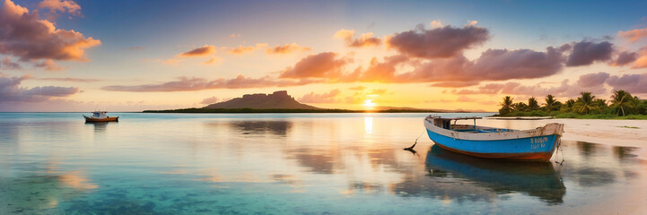 Fototapeta premium Fishing boat at sunset time. Le Morne Brabant on background. Mauritius. Panorama 