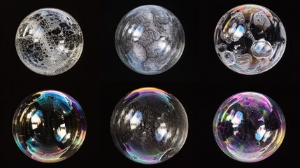  a group of soap bubbles sitting next to each other on top of a black surface with bubbles in the middle of the bubbles and bubbles in the middle of the bubbles.