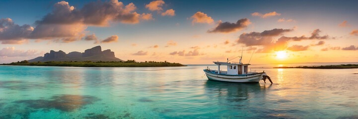 Fishing boat at sunset time. Le Morne Brabant on background. Mauritius. Panorama
 - obrazy, fototapety, plakaty
