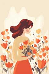 Flat illustration of a woman with red hair holding a bouquet of spring flowers.