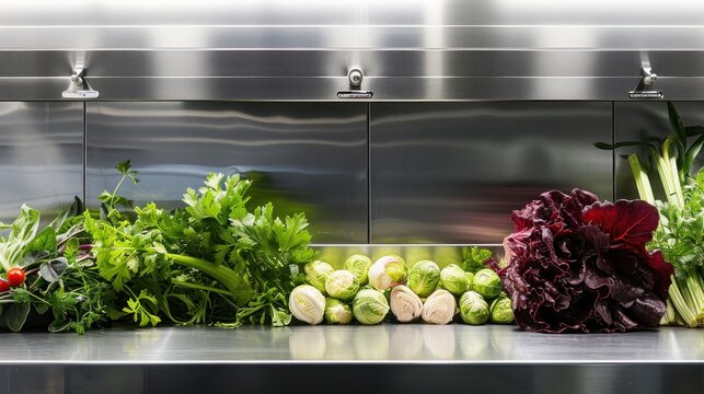  a variety of vegetables are lined up on a stainless steel counter in front of a stainless steel wall behind them are lettuce, radishes, celer, lettuce, lettuce, and tomatoes.