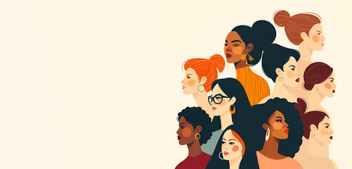 An illustration featuring various women against a white background, in celebration of Womens Day - obrazy, fototapety, plakaty