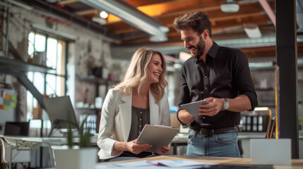 Two smiling professionals are engaged in a discussion, one holding a tablet and the other with documents, in a modern office environment.