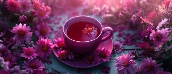 Obraz na płótnie Canvas a cup of tea with flowers around it