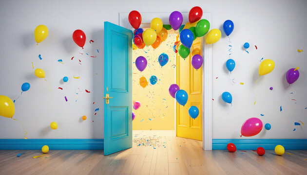 3D render. Multicolored balloons and balls fall outside the open blue door. A bright yellow light shines inside the room. Party concept, Birthday concept art