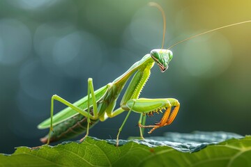 A macro photograph of a praying mantis perched on a leaf