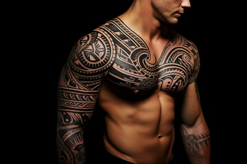 Black tribal tattoo on skin. Black tribal tattoo on chest. Men's tattoo, tribal. Tribal tattoo. Tattoo ideas for men. Tattoo parlor. Tattoo artist profession.​