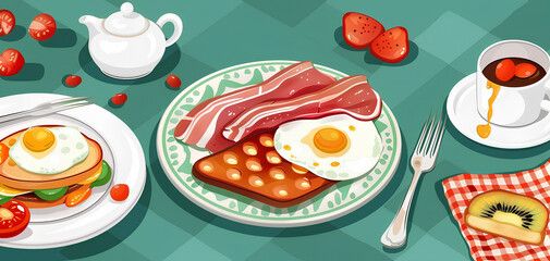 illustration of breakfast on a wooden table with sunlight