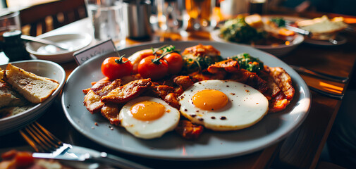 photo of breakfast on a wooden table with sunlight