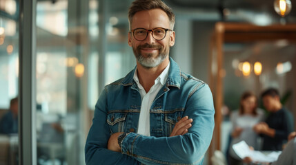 Obraz premium A confident man stands with arms crossed in a modern office environment, embodying leadership and professionalism with his team in the background.