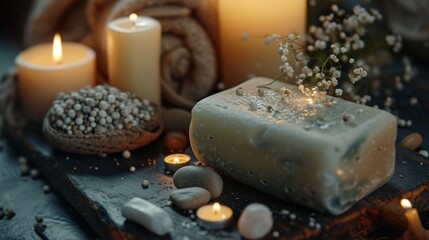  a soap bar sitting on top of a wooden cutting board next to candles and a bunch of baby's breath on top of a table next to a towel.