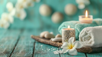  a towel, a candle, and some rocks sit on a wooden table with a flower and a candle holder in the middle of the photo on the table is a teal.