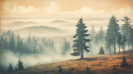 Misty landscape with fir forest in hipster vintage retro style