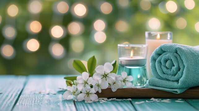  a towel, a candle, and a glass of water are on a wooden table with a green boke of boket lights in the background of boke.