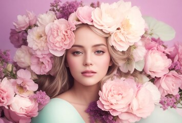 Close up portrait of an attractive young woman with Flowers, Beautiful Model Woman Face, Women's Day Concept.