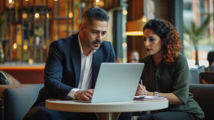 Two professionals are engaged in a focused discussion over a laptop at a meeting table, with one taking notes, in a modern and elegant corporate setting. - obrazy, fototapety, plakaty
