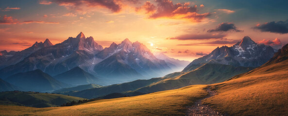 Majestic sunset in the mountains landscape. HDR image - Powered by Adobe